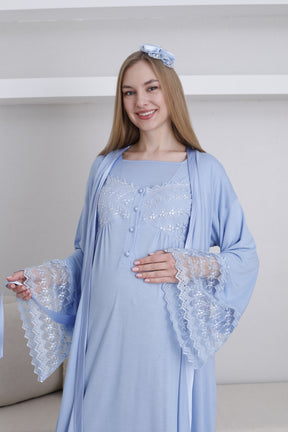 Lace Collar and Sleeve Maternity-Nursing Nightgown & Robe Set Blue - 2295