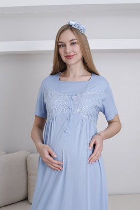 Lace Collar and Sleeve Maternity-Nursing Nightgown & Robe Set Blue - 2295