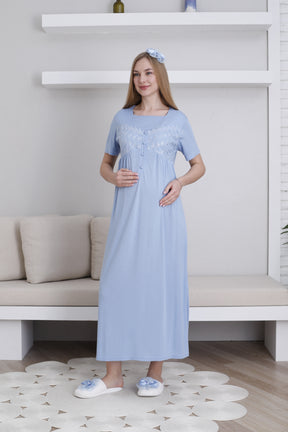 Lace Collar and Sleeve Maternity-Nursing Nightgown & Robe Set Blue - 2295