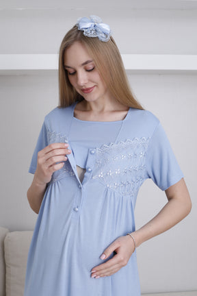 Lace Collar and Sleeve Maternity-Nursing Nightgown & Robe Set Blue - 2295