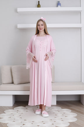 Lace Collar and Sleeve Maternity-Nursing Nightgown & Robe Set Pink - 2295