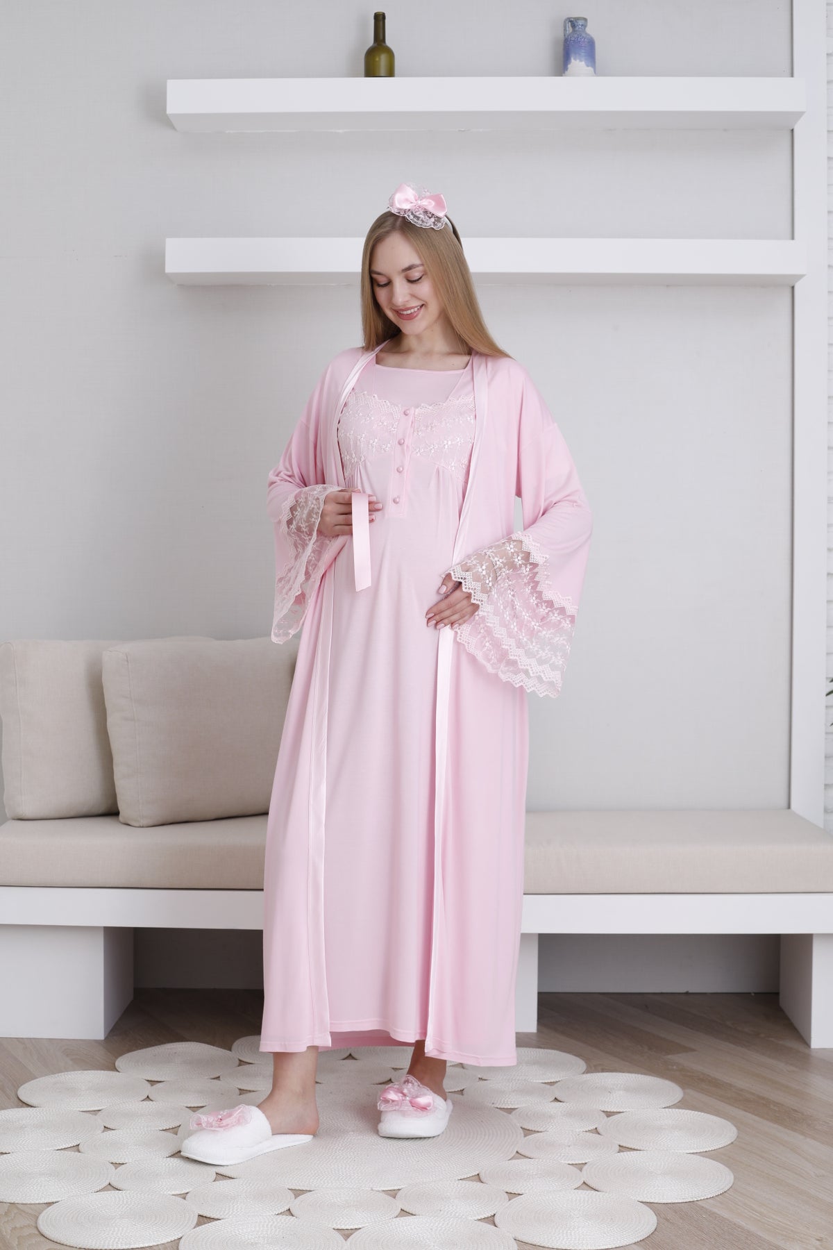 Lace Collar and Sleeve Maternity-Nursing Nightgown & Robe Set Pink - 2295