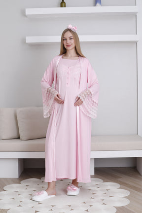 Lace Collar and Sleeve Maternity-Nursing Nightgown & Robe Set Pink - 2295