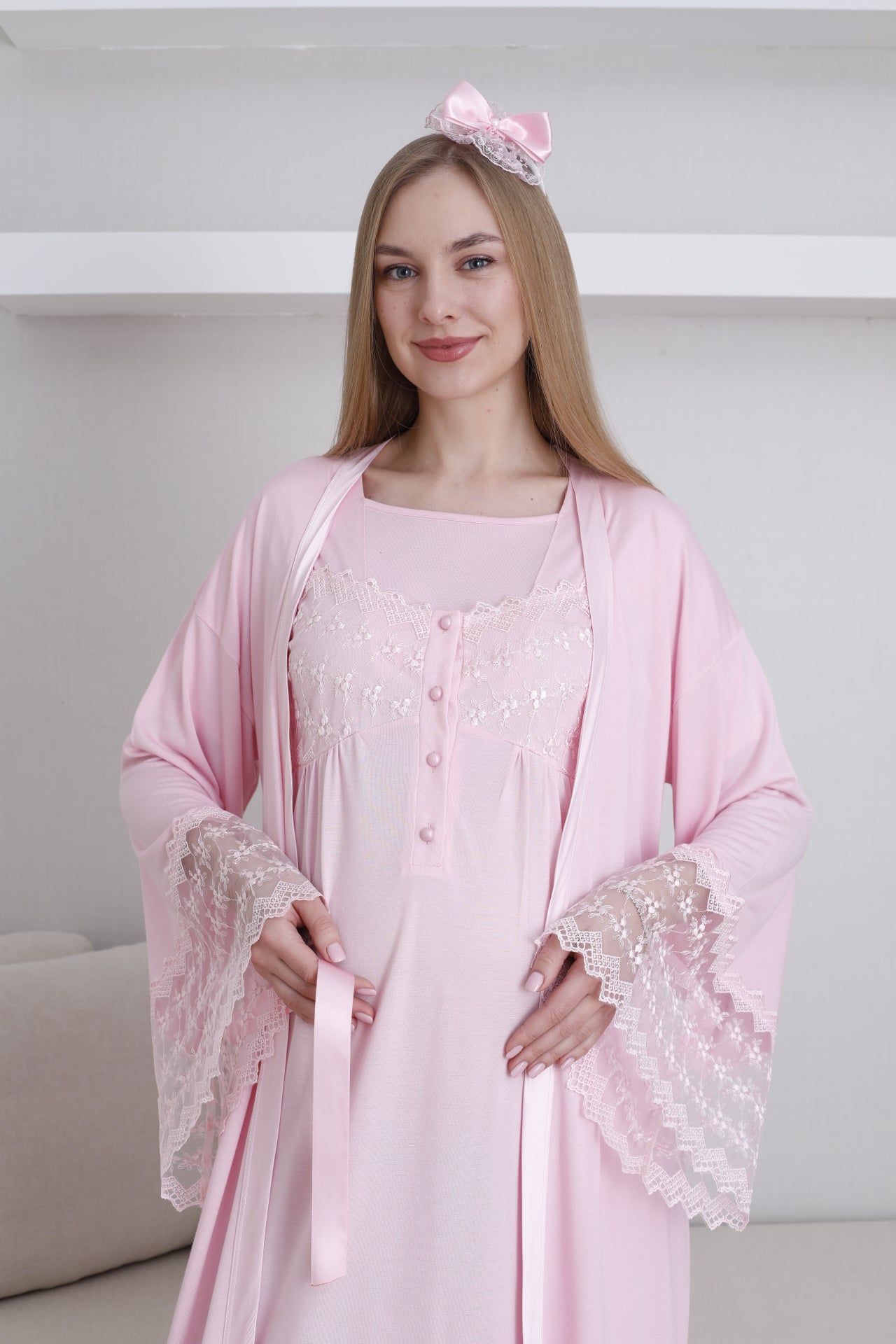 Lace Collar and Sleeve Maternity-Nursing Nightgown & Robe Set Pink - 2295