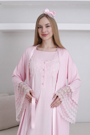 Lace Collar and Sleeve Maternity-Nursing Nightgown & Robe Set Pink - 2295