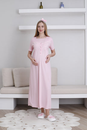 Lace Collar and Sleeve Maternity-Nursing Nightgown & Robe Set Pink - 2295