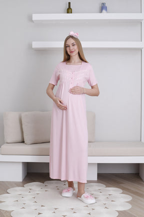 Lace Collar and Sleeve Maternity-Nursing Nightgown & Robe Set Pink - 2295