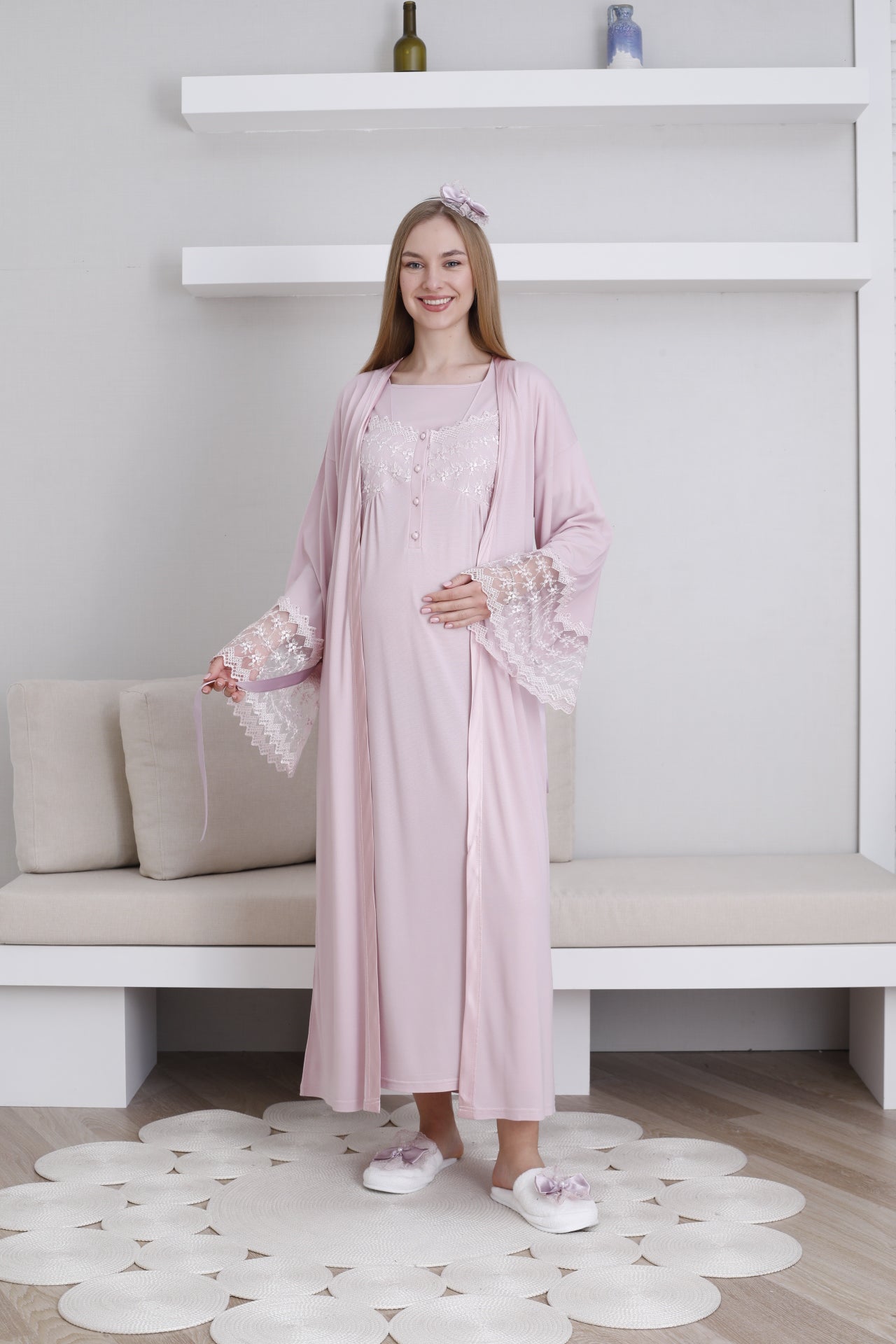 Lace Collar and Sleeve Maternity-Nursing Nightgown & Robe Set Powder - 2295