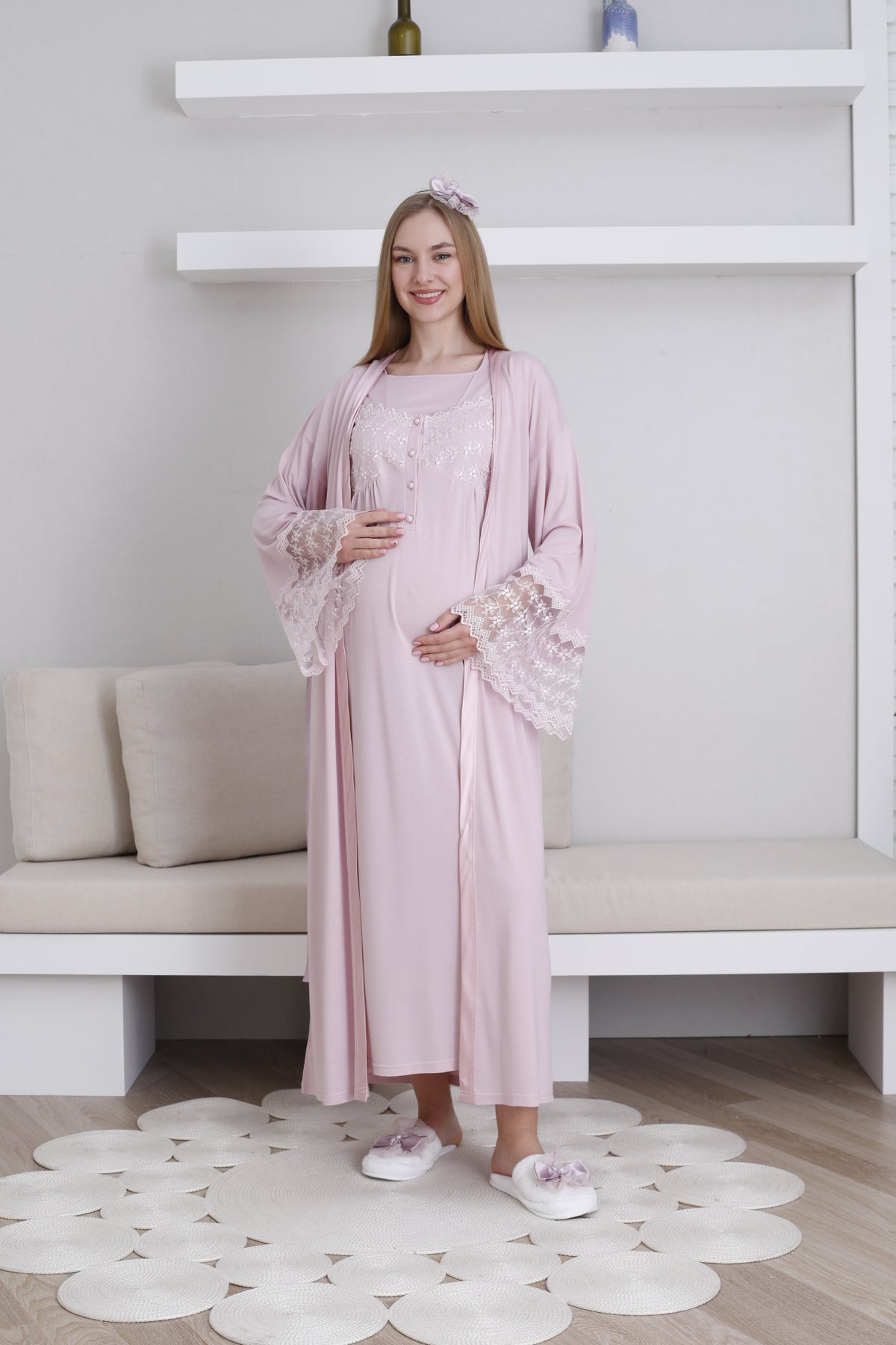 Lace Collar and Sleeve Maternity-Nursing Nightgown & Robe Set Powder - 2295