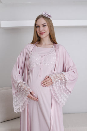 Lace Collar and Sleeve Maternity-Nursing Nightgown & Robe Set Powder - 2295