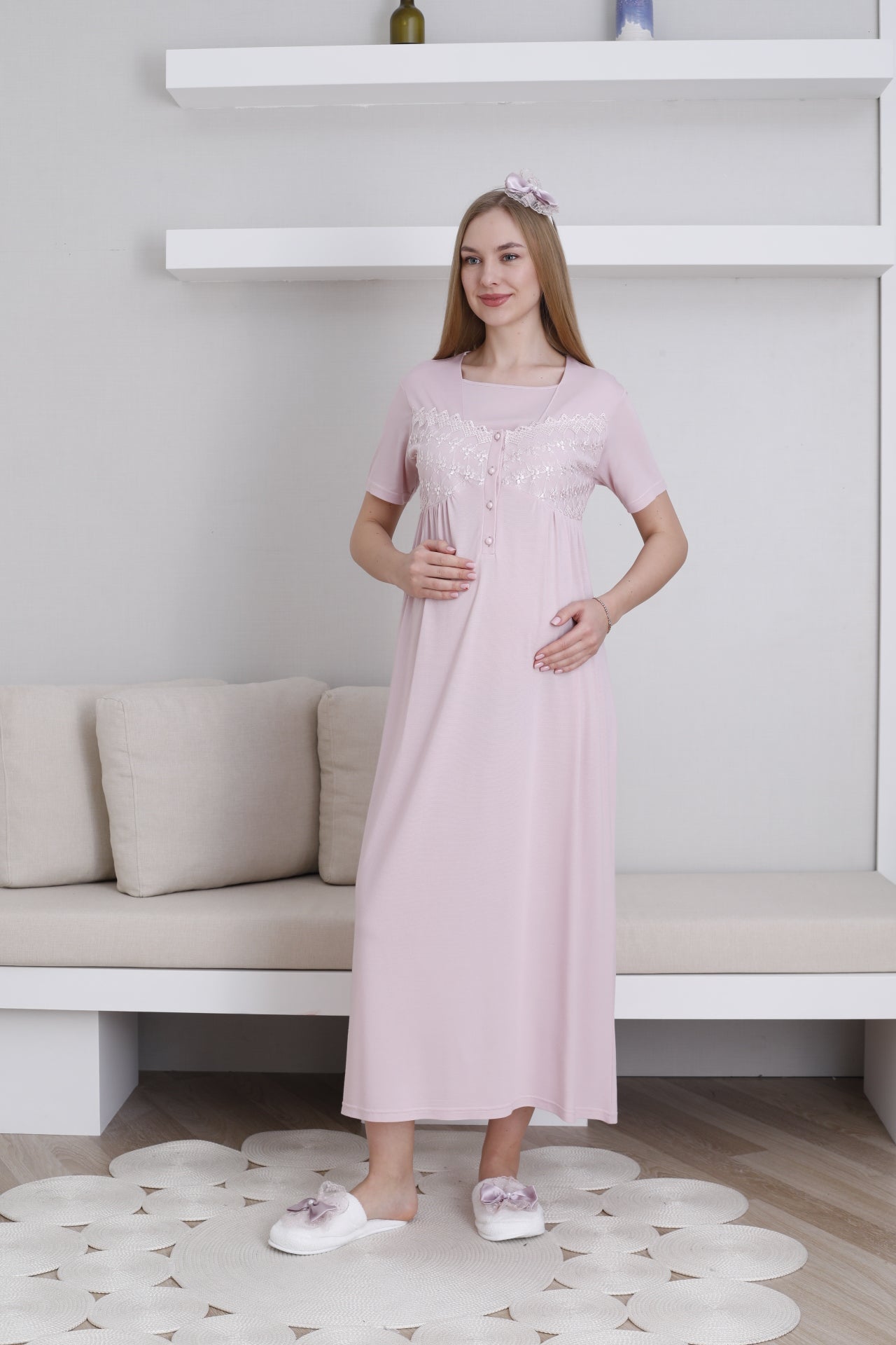 Lace Collar and Sleeve Maternity-Nursing Nightgown & Robe Set Powder - 2295