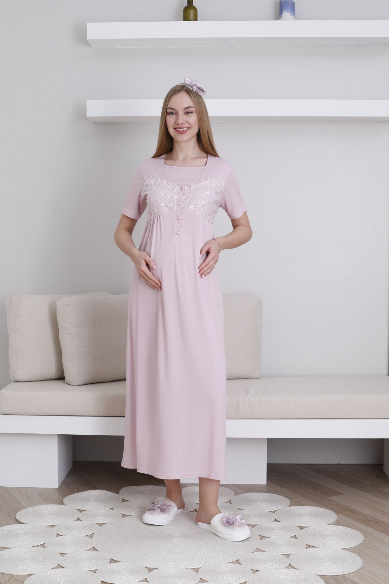 Lace Collar and Sleeve Maternity-Nursing Nightgown & Robe Set Powder - 2295