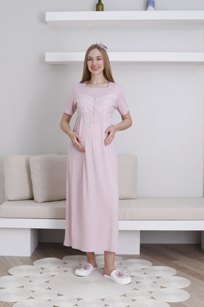 Lace Collar and Sleeve Maternity-Nursing Nightgown & Robe Set Powder - 2295