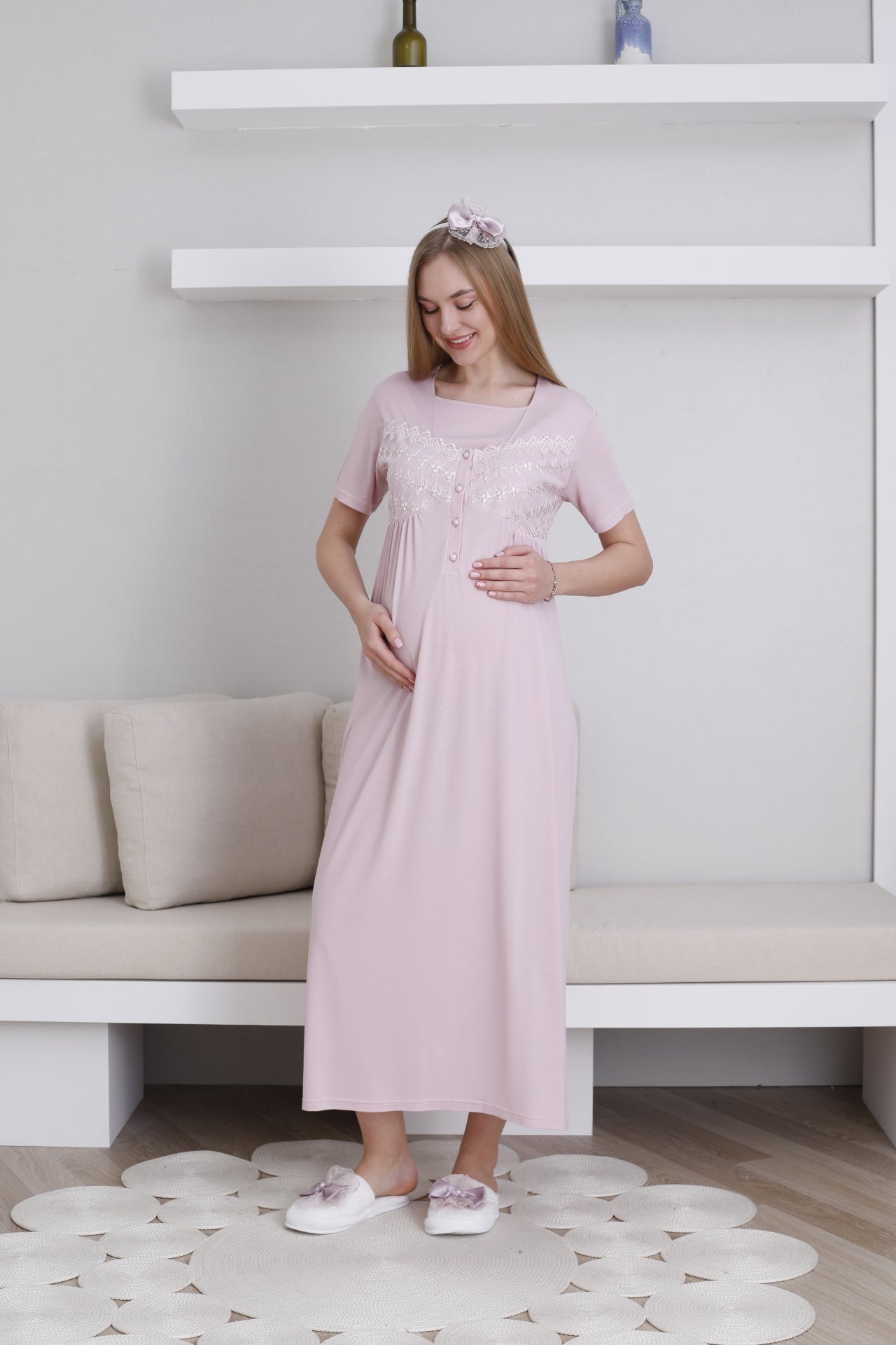 Lace Collar and Sleeve Maternity-Nursing Nightgown & Robe Set Powder - 2295