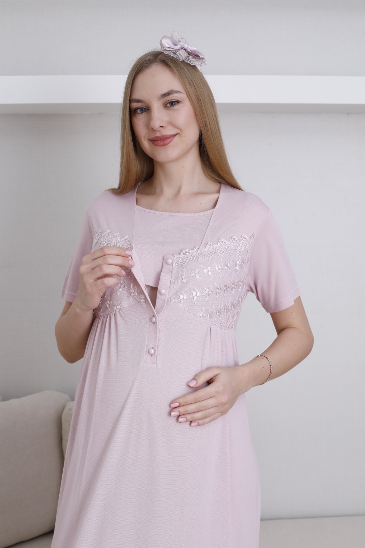 Lace Collar and Sleeve Maternity-Nursing Nightgown & Robe Set Powder - 2295