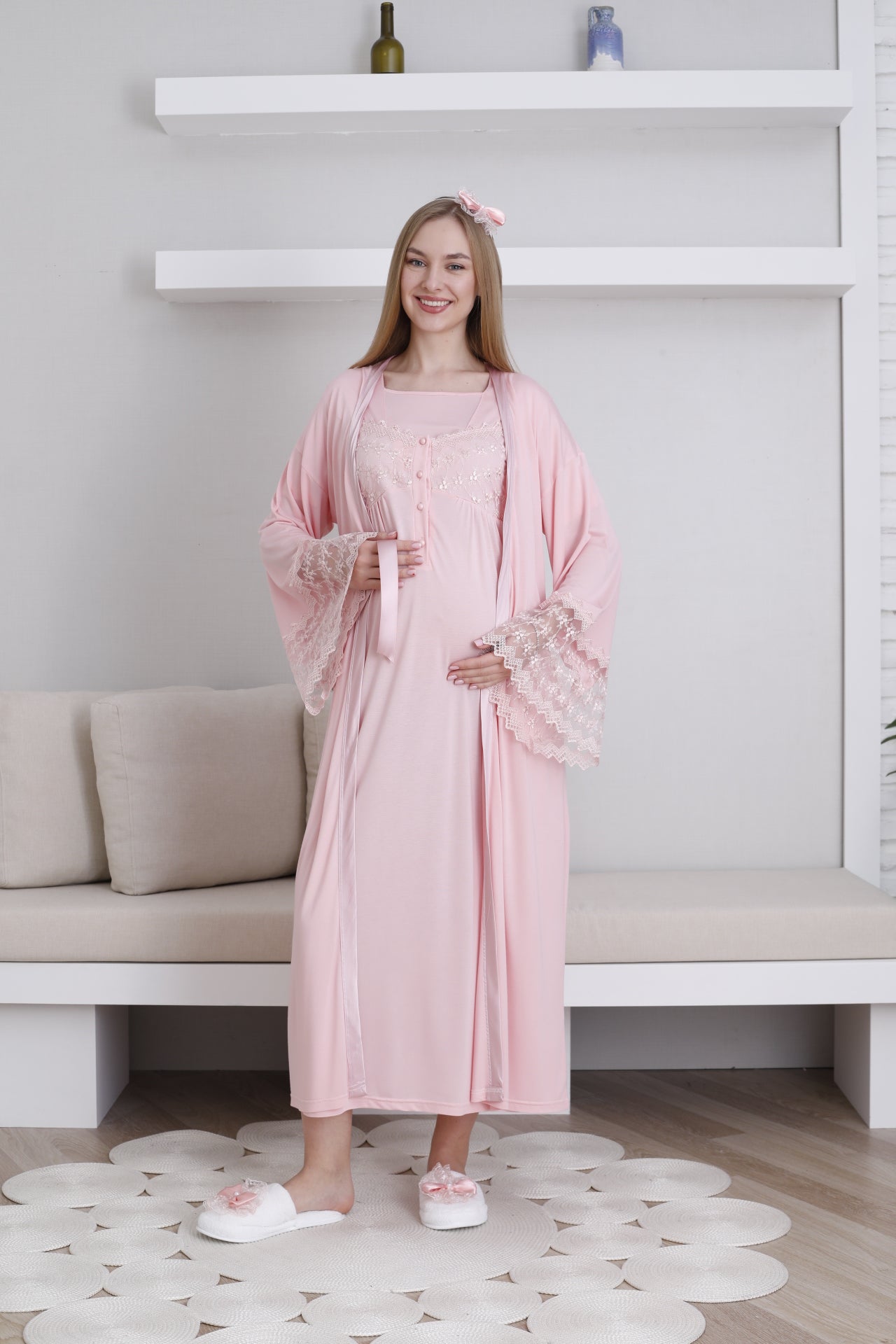 Lace Collar and Sleeve Maternity-Nursing Nightgown & Robe Set Salmon - 2295