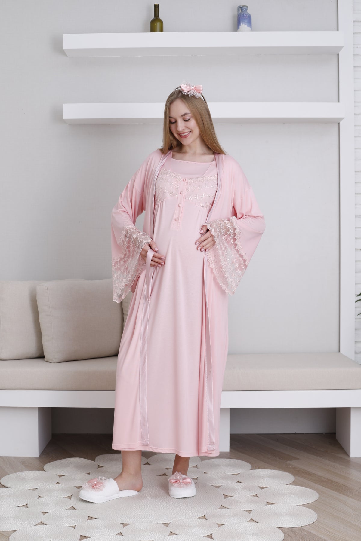 Lace Collar and Sleeve Maternity-Nursing Nightgown & Robe Set Salmon - 2295