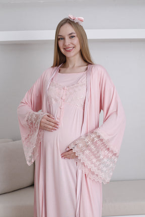 Lace Collar and Sleeve Maternity-Nursing Nightgown & Robe Set Salmon - 2295