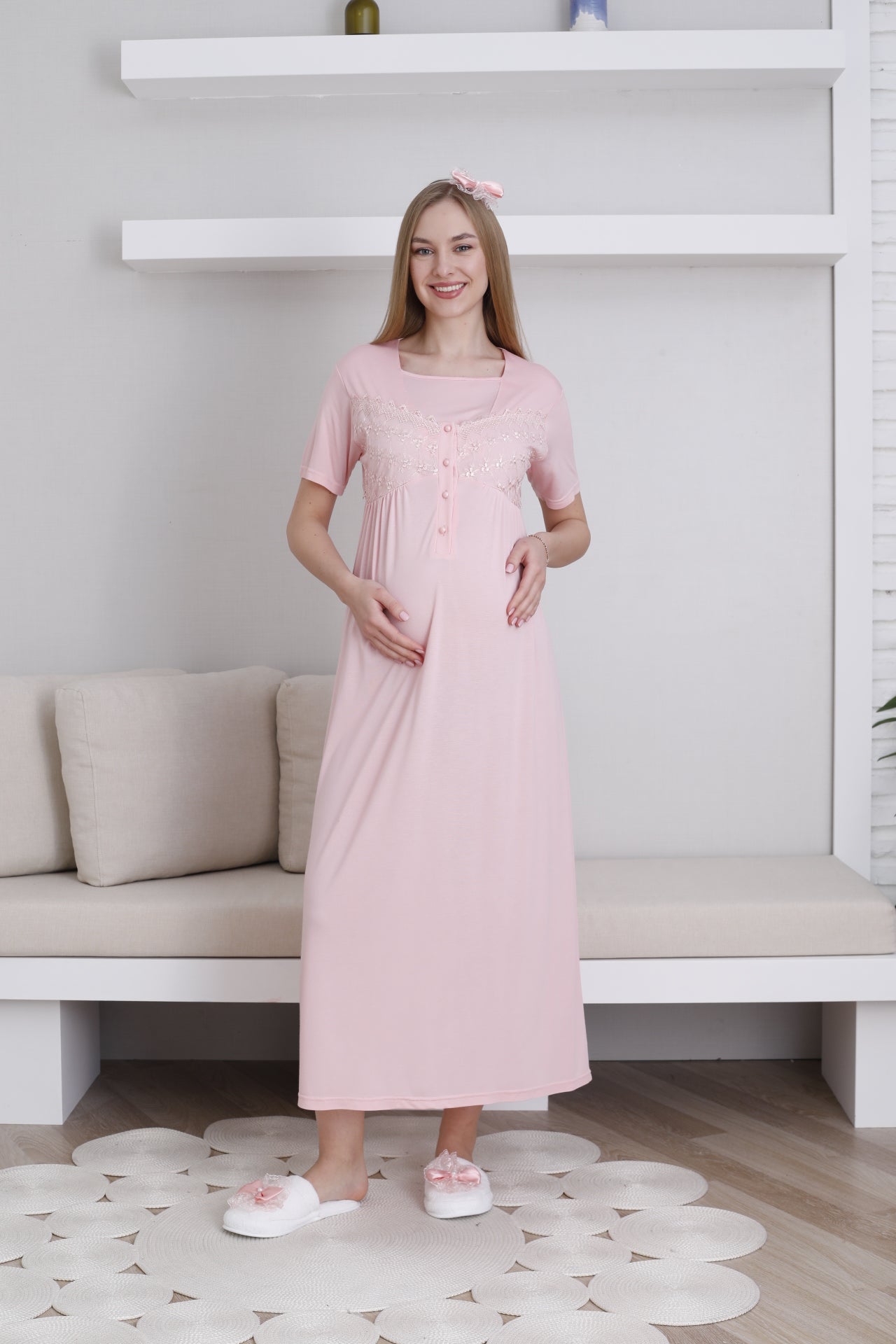 Lace Collar and Sleeve Maternity-Nursing Nightgown & Robe Set Salmon - 2295