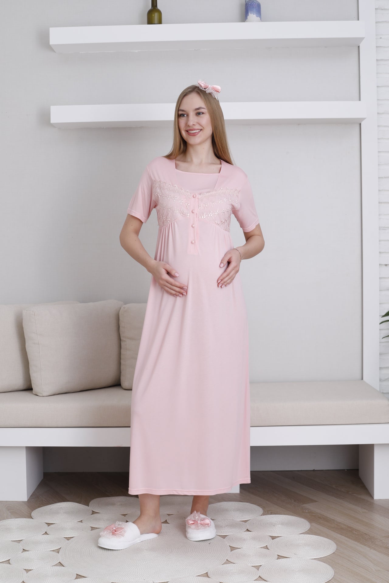 Lace Collar and Sleeve Maternity-Nursing Nightgown & Robe Set Salmon - 2295