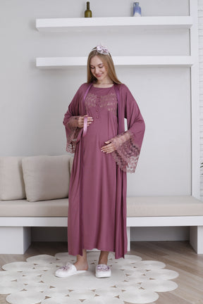 Lace Collar and Sleeve Maternity-Nursing Nightgown & Robe Set Cherry - 2295