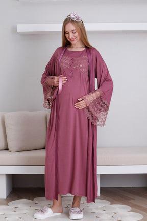 Lace Collar and Sleeve Maternity-Nursing Nightgown & Robe Set Cherry - 2295