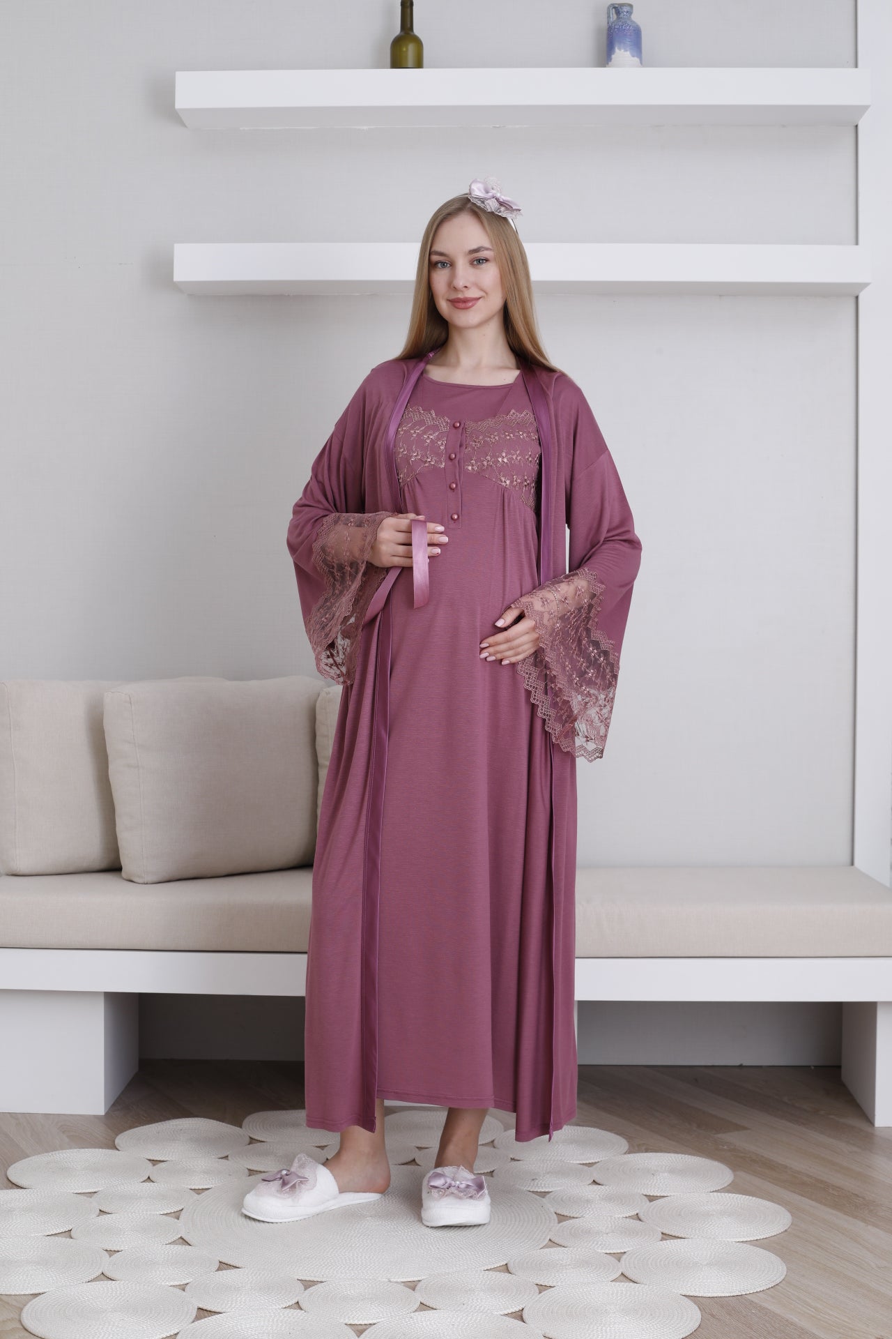 Lace Collar and Sleeve Maternity-Nursing Nightgown & Robe Set Cherry - 2295