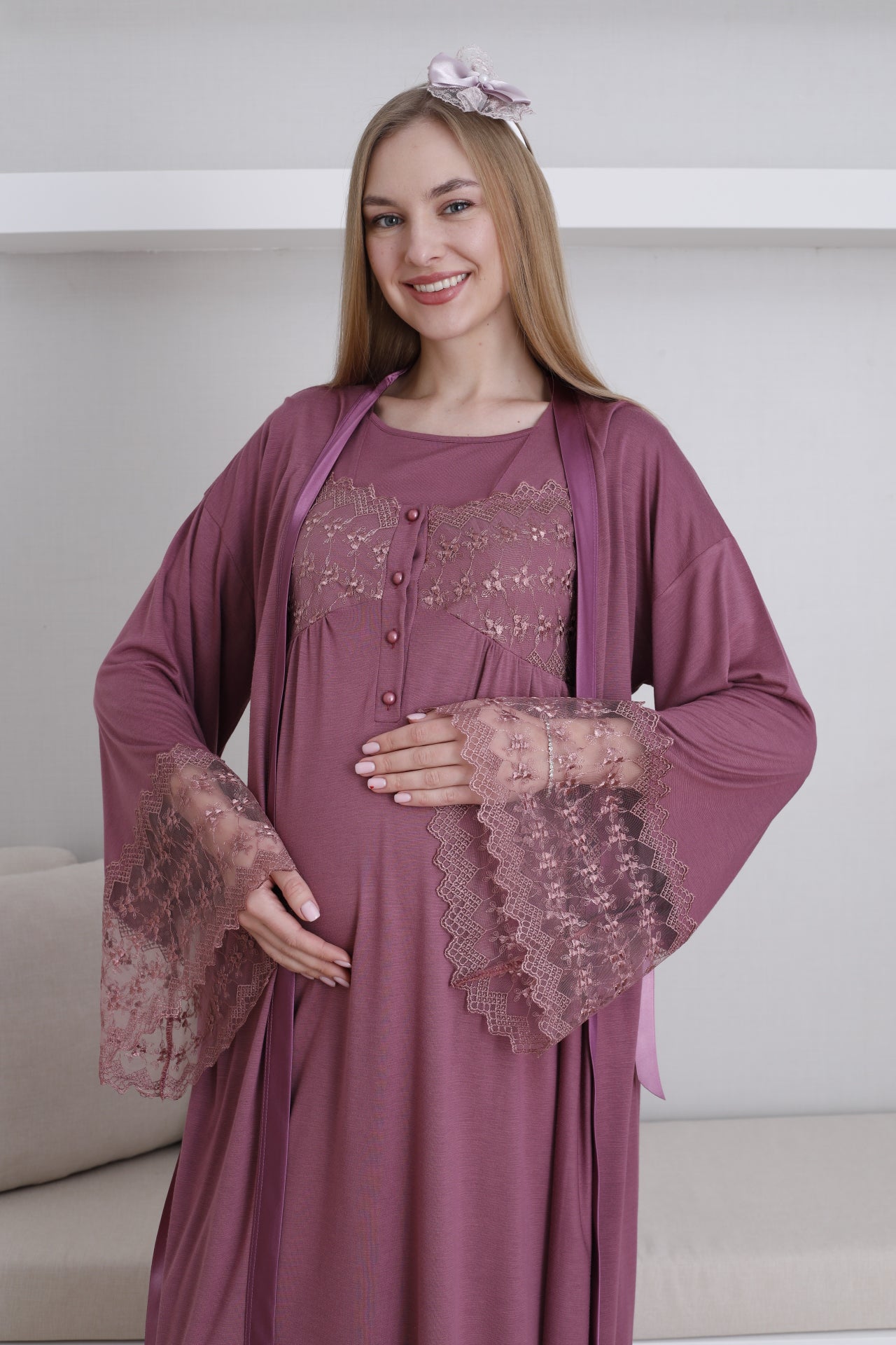 Lace Collar and Sleeve Maternity-Nursing Nightgown & Robe Set Cherry - 2295