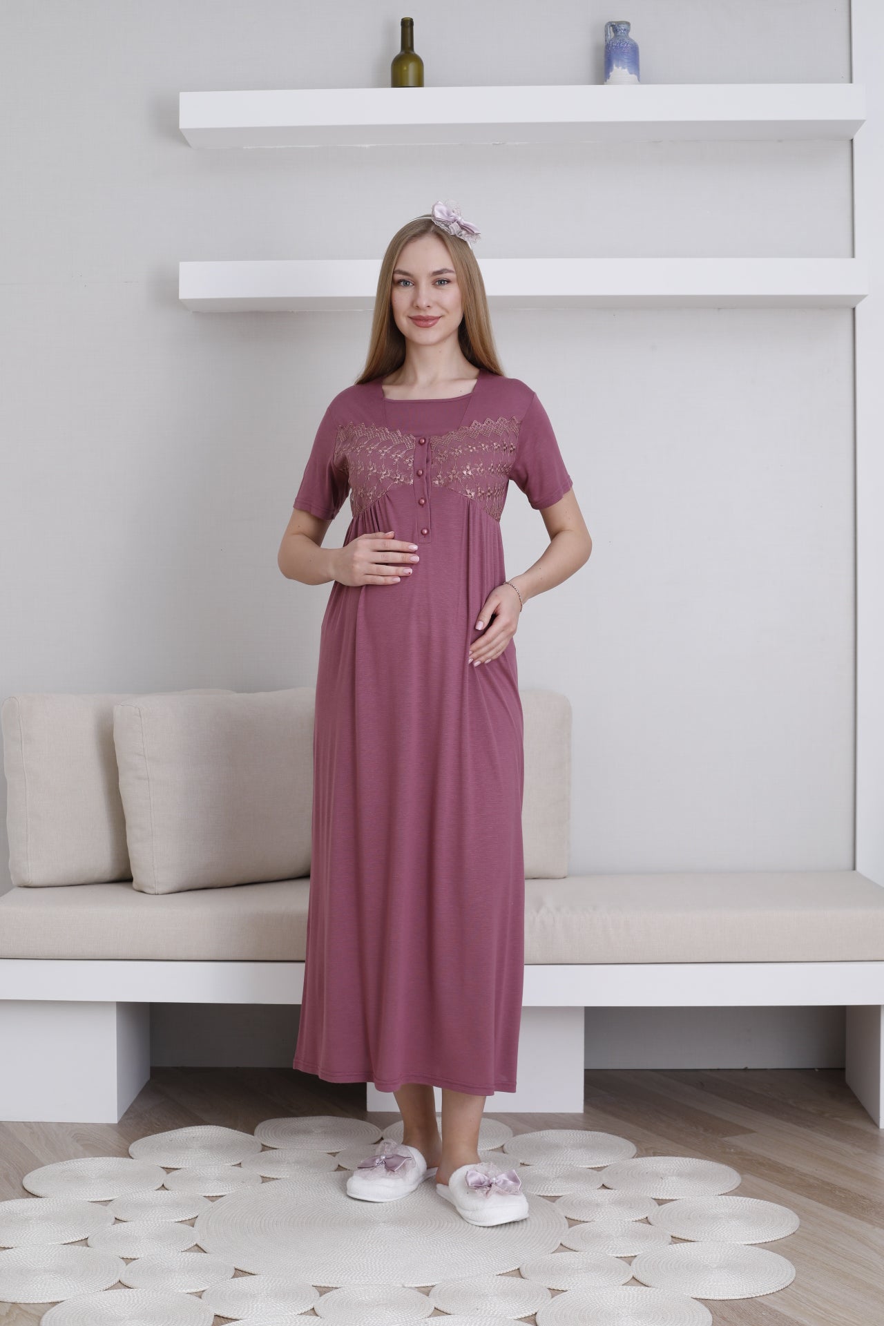 Lace Collar and Sleeve Maternity-Nursing Nightgown & Robe Set Cherry - 2295