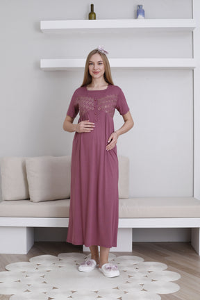 Lace Collar and Sleeve Maternity-Nursing Nightgown & Robe Set Cherry - 2295