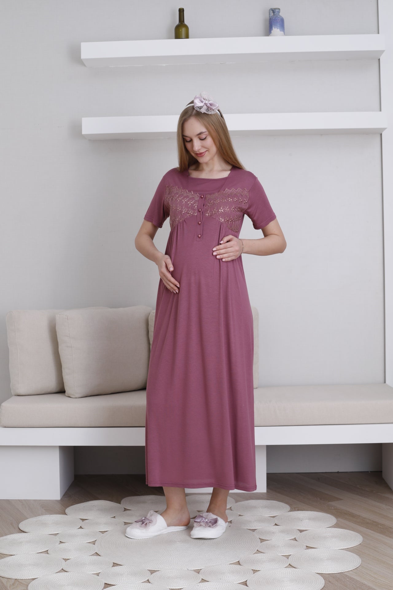 Lace Collar and Sleeve Maternity-Nursing Nightgown & Robe Set Cherry - 2295