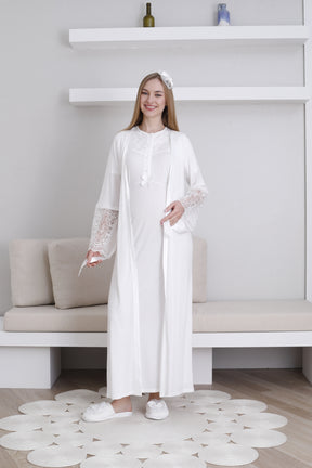 Lace Collar Maternity-Nursing Nightgown & Lace Sleeve Robe Set Ecru - 2296