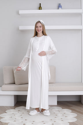 Lace Collar Maternity-Nursing Nightgown & Lace Sleeve Robe Set Ecru - 2296