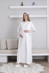 Lace Collar Maternity-Nursing Nightgown & Lace Sleeve Robe Set Ecru - 2296