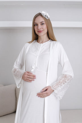 Lace Collar Maternity-Nursing Nightgown & Lace Sleeve Robe Set Ecru - 2296