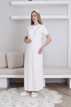 Lace Collar Maternity-Nursing Nightgown & Lace Sleeve Robe Set Ecru - 2296