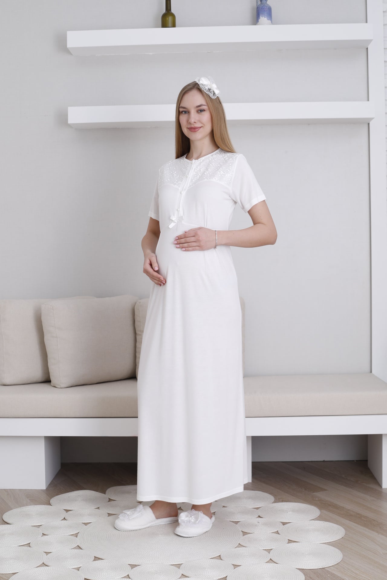 Lace Collar Maternity-Nursing Nightgown & Lace Sleeve Robe Set Ecru - 2296