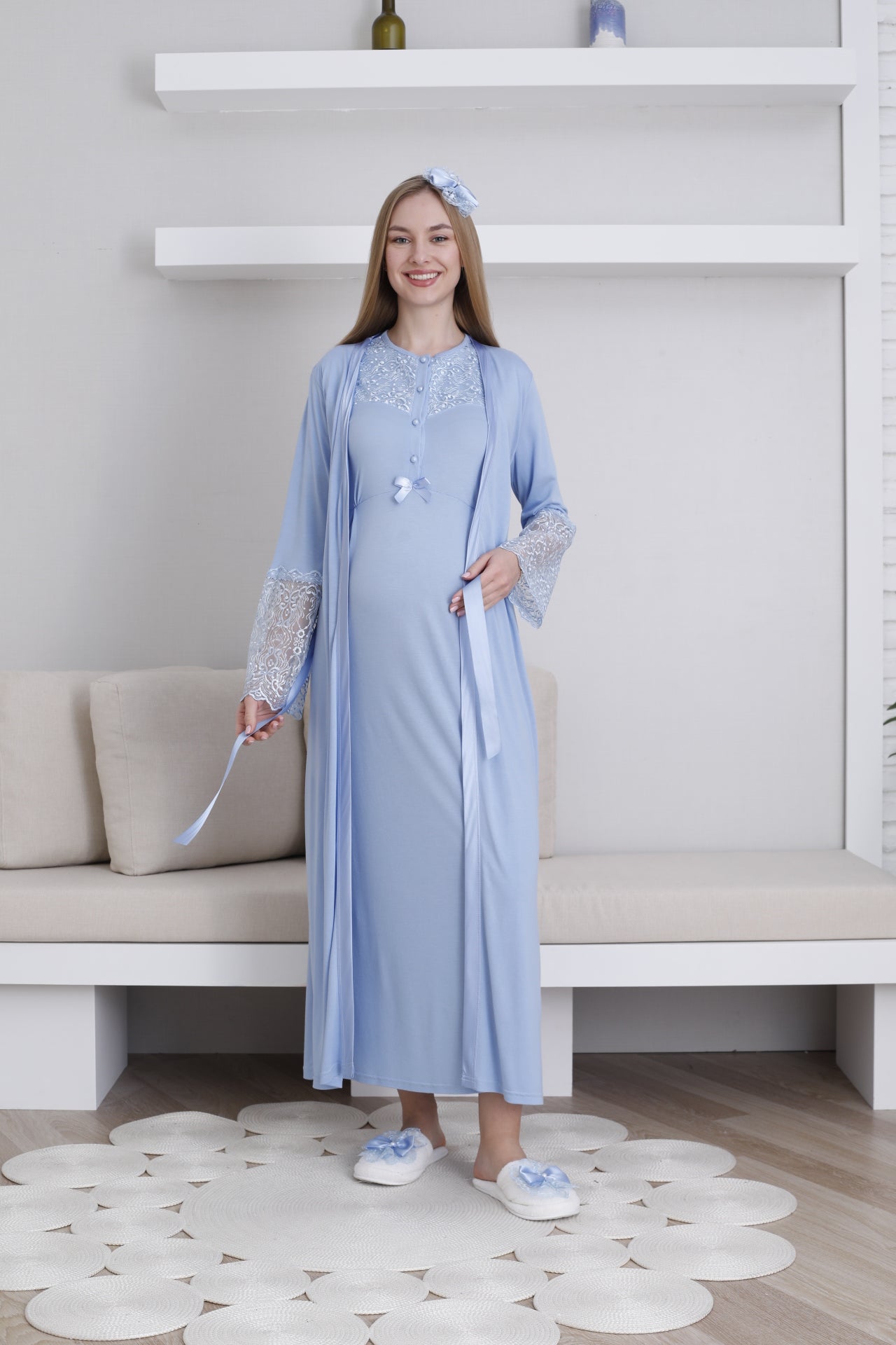 Lace Collar Maternity-Nursing Nightgown & Lace Sleeve Robe Set Blue - 2296