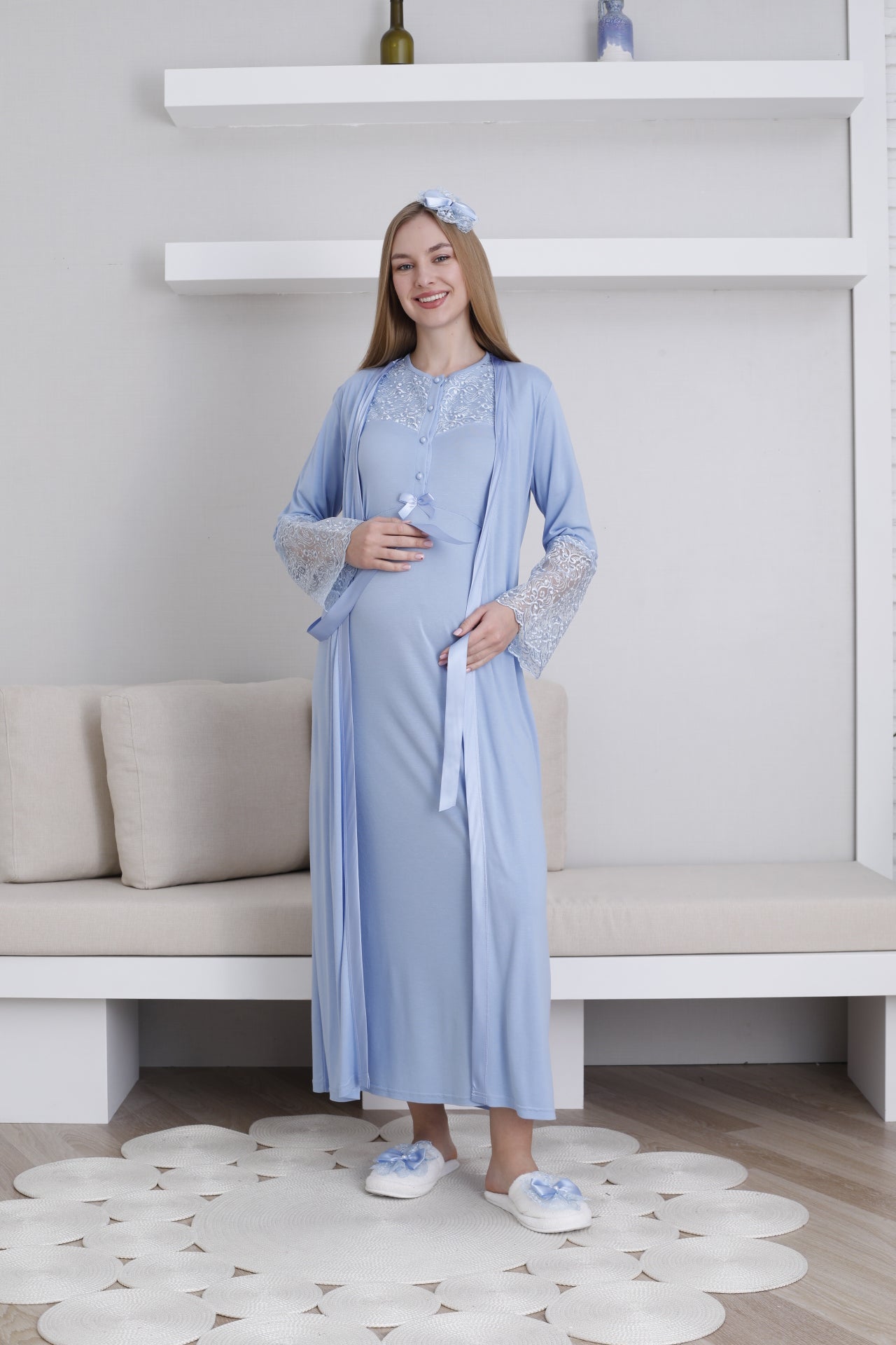 Lace Collar Maternity-Nursing Nightgown & Lace Sleeve Robe Set Blue - 2296