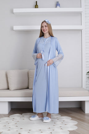 Lace Collar Maternity-Nursing Nightgown & Lace Sleeve Robe Set Blue - 2296