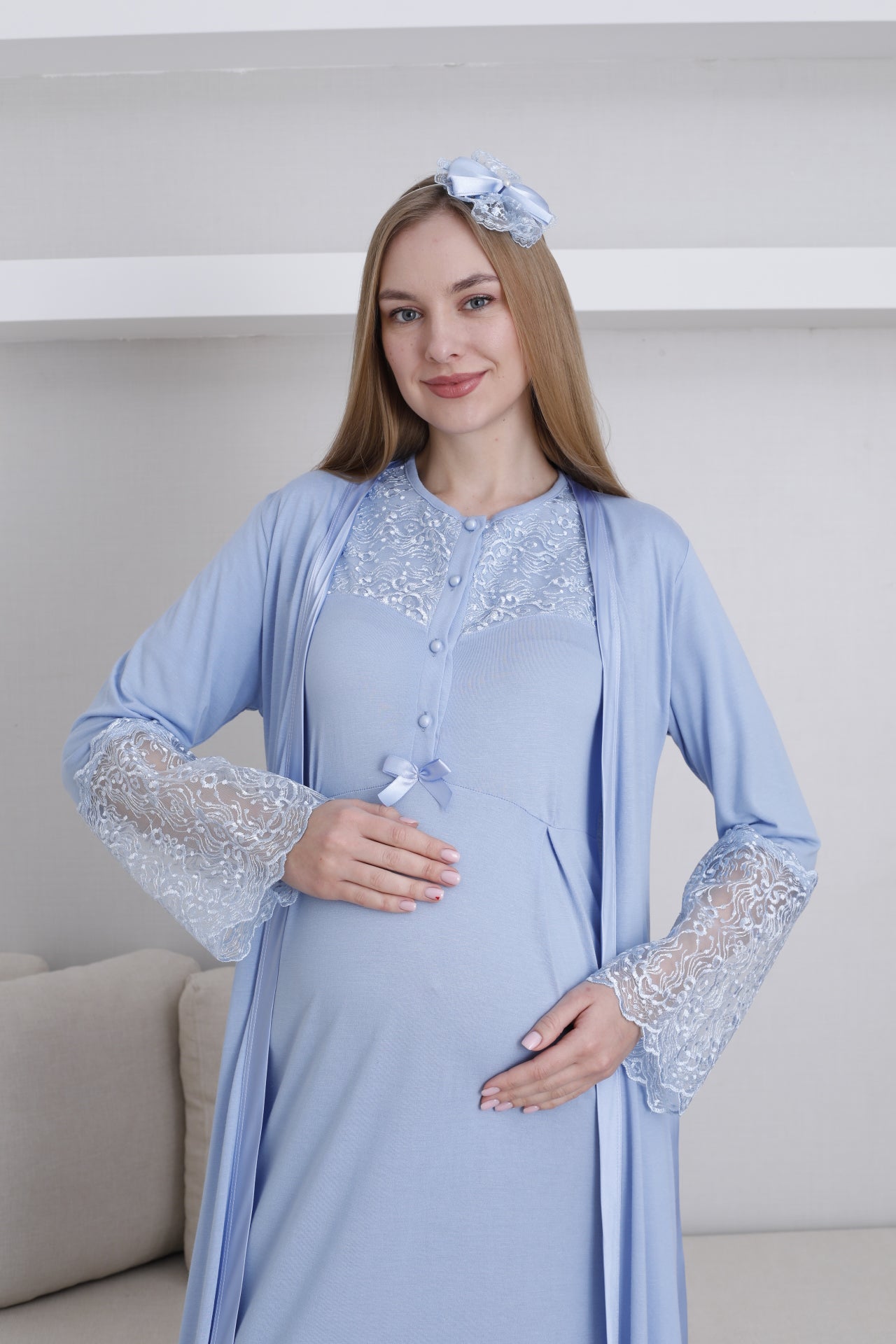 Lace Collar Maternity-Nursing Nightgown & Lace Sleeve Robe Set Blue - 2296