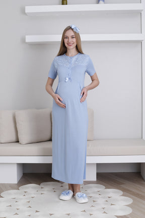 Lace Collar Maternity-Nursing Nightgown & Lace Sleeve Robe Set Blue - 2296