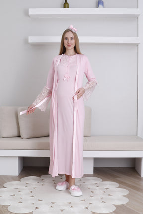 Lace Collar Maternity-Nursing Nightgown & Lace Sleeve Robe Set Pink - 2296