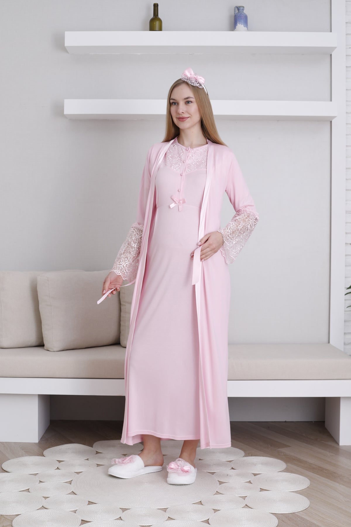 Lace Collar Maternity-Nursing Nightgown & Lace Sleeve Robe Set Pink - 2296