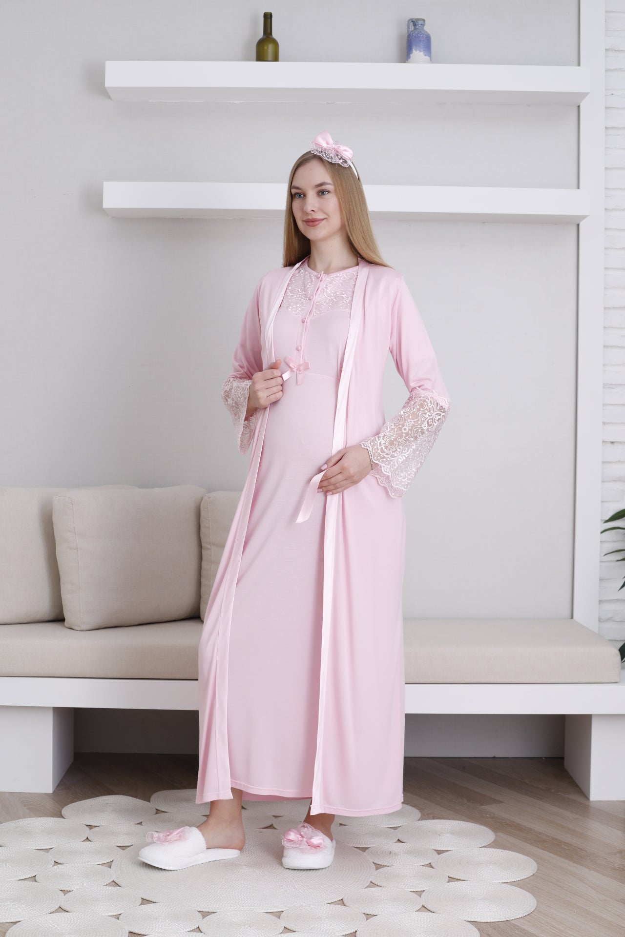 Lace Collar Maternity-Nursing Nightgown & Lace Sleeve Robe Set Pink - 2296