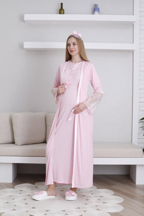 Lace Collar Maternity-Nursing Nightgown & Lace Sleeve Robe Set Pink - 2296