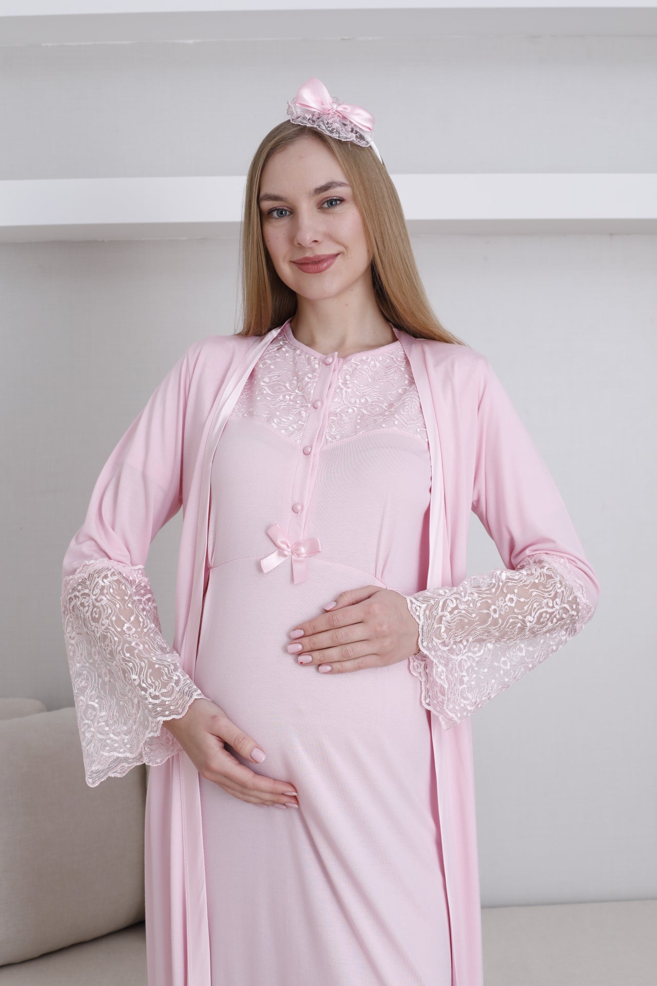 Lace Collar Maternity-Nursing Nightgown & Lace Sleeve Robe Set Pink - 2296