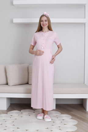 Lace Collar Maternity-Nursing Nightgown & Lace Sleeve Robe Set Pink - 2296