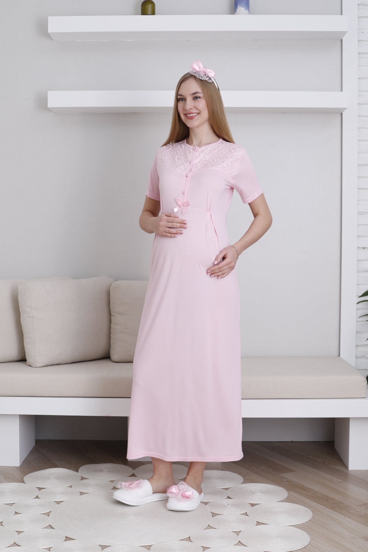 Lace Collar Maternity-Nursing Nightgown & Lace Sleeve Robe Set Pink - 2296