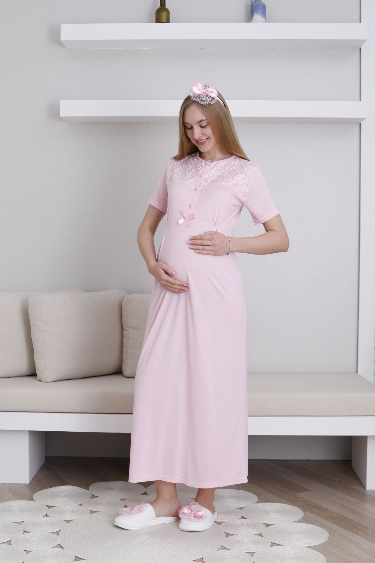 Lace Collar Maternity-Nursing Nightgown & Lace Sleeve Robe Set Pink - 2296